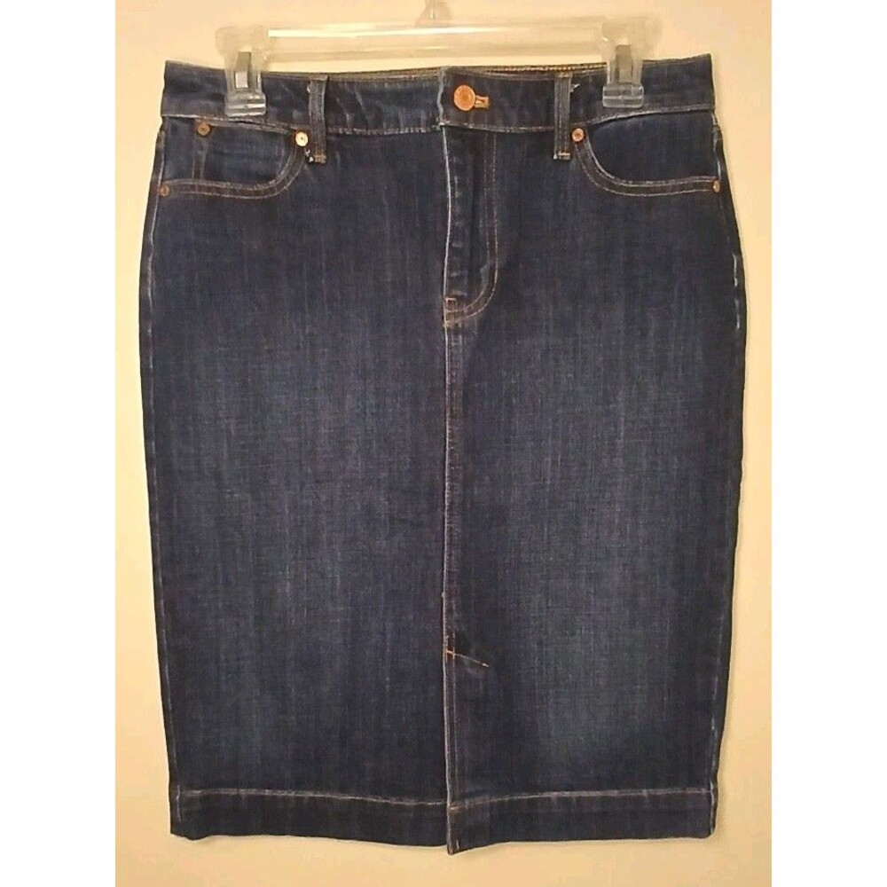 Talbots Petite Sz 6 Denim Skirt Knee Length Pencil Classic Drk Wash Blue Stretch